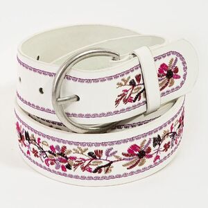 Vibrant Floral Embroidered Belt - White Faux Leather Silver Buckle (1-1/2")